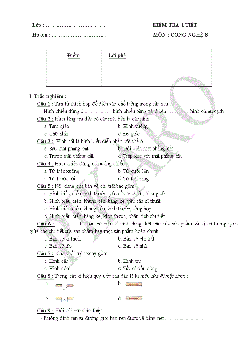 Kiểm tra 1 tiết Công nghệ 8