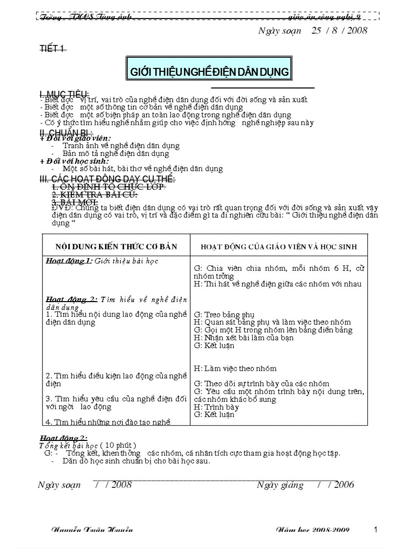 Giáo án Công nghệ 9 2008 2009
