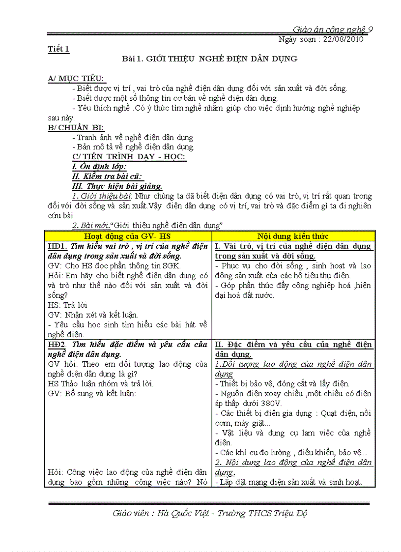Giáo án công nghệ 9 học kì I