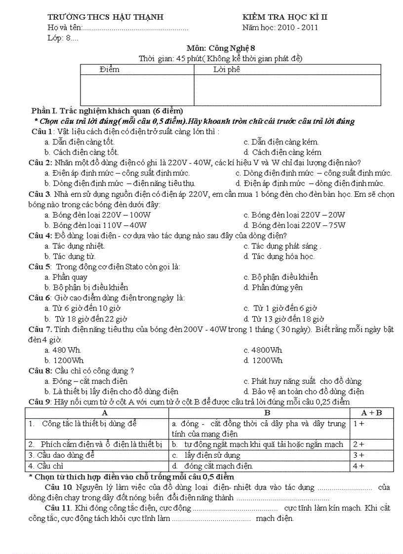 Đề thi hkii công nghệ 8 10 11