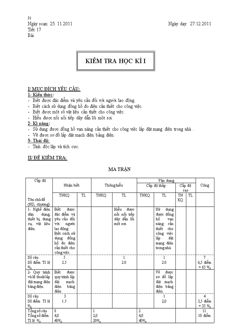 Đề kiểm tra HKI CN9 BH