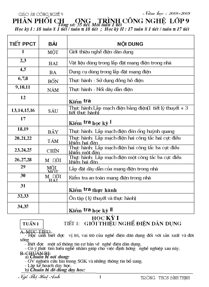 GIÁO ÁN CÔNG NGHỆ 9 KÌ I 18 tiết