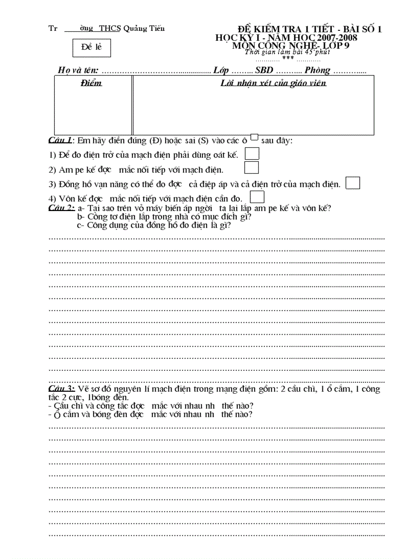 Đè kiểm tra Công Nghệ 9 Bài số 1 đề lẻ 1
