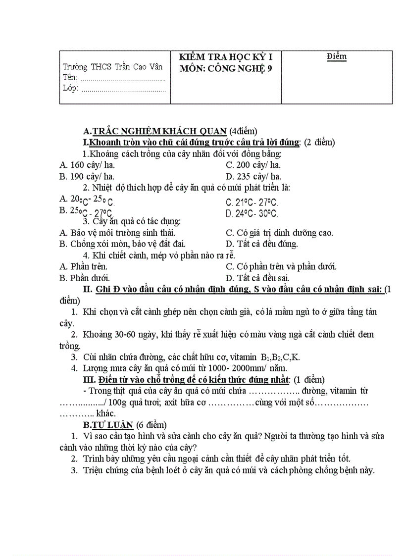 Bài kiểm tra Học kỳ I Công nghệ 9