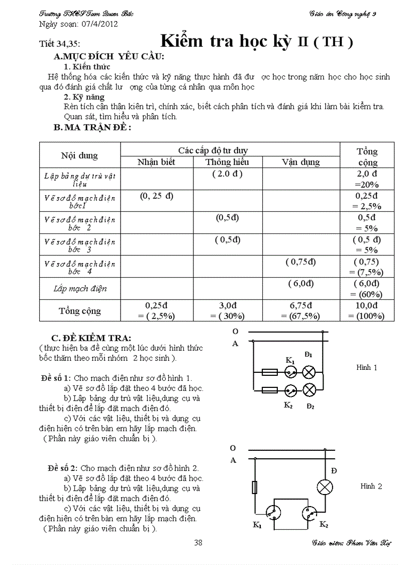 Đề thi hk ii công nghệ 9