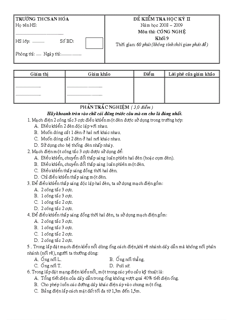 Đề thi HK II 08 09 Công nghệ 9 có đáp án