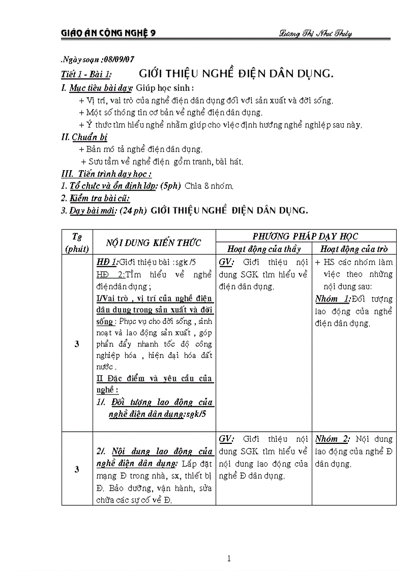 Giáo án công nghệ điện trọn bộ