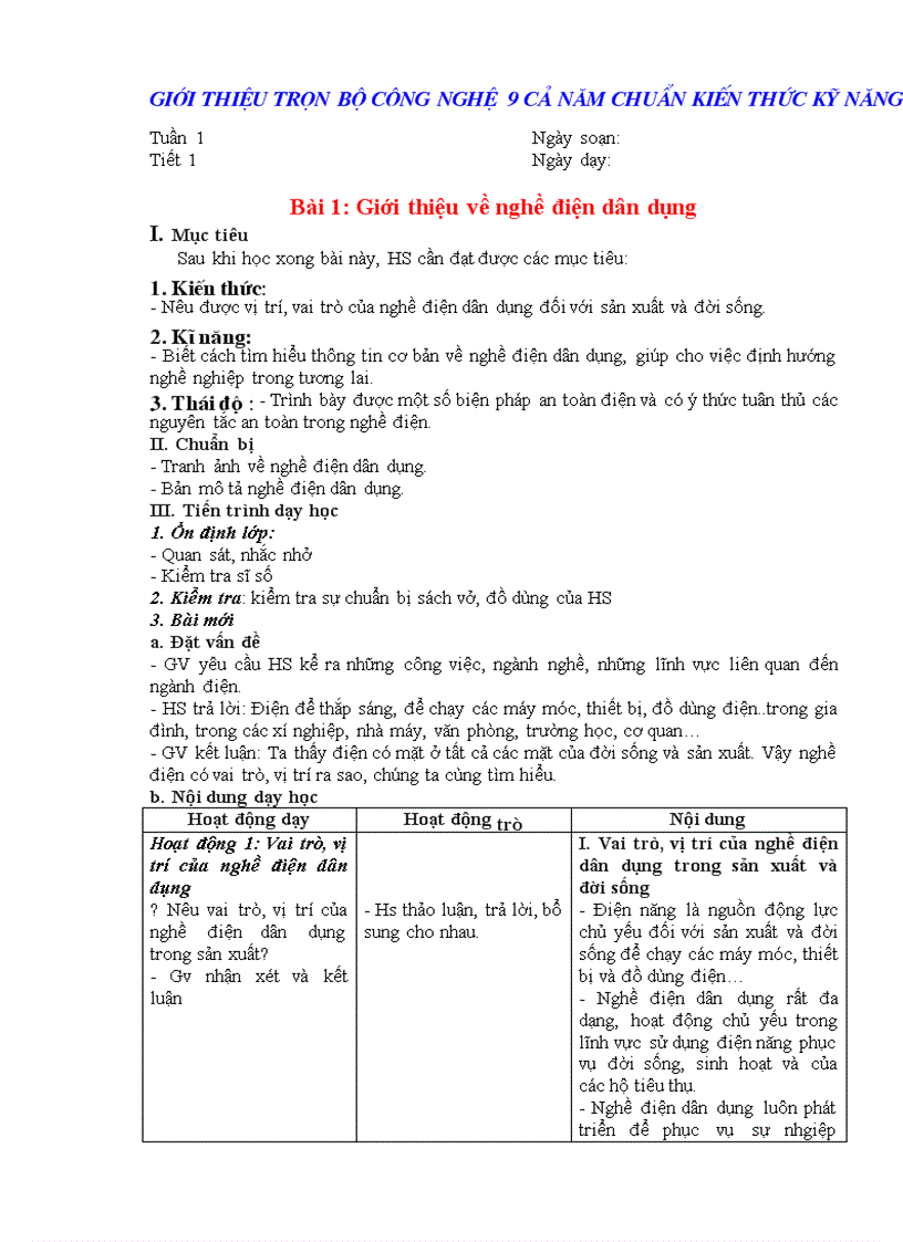Giáo án công nghệ 9cả năm chuẩn kiến thức