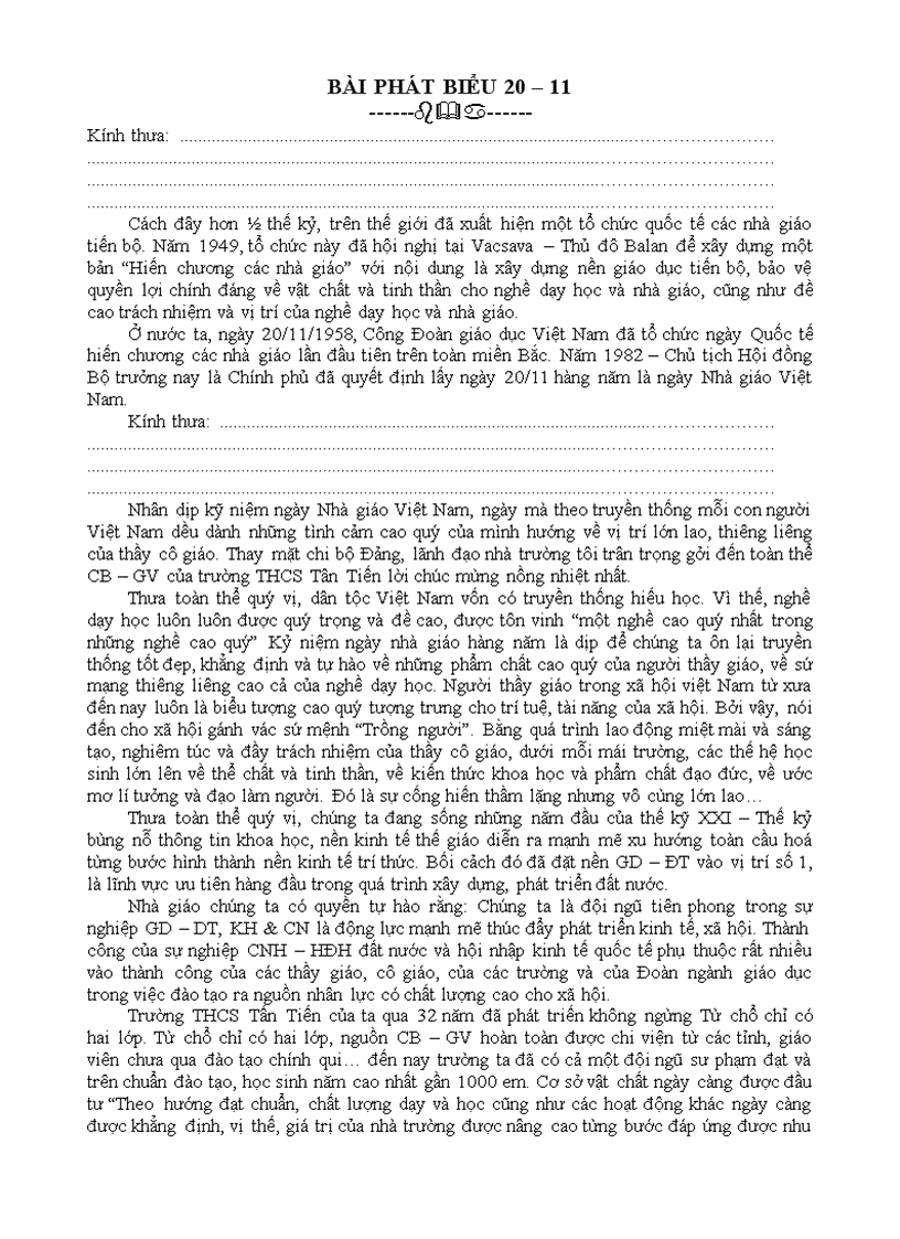 Bài phát biểu của Lãnh đạo nhà trường nhân ngày Nhà Giáo Việt Nam 20 11