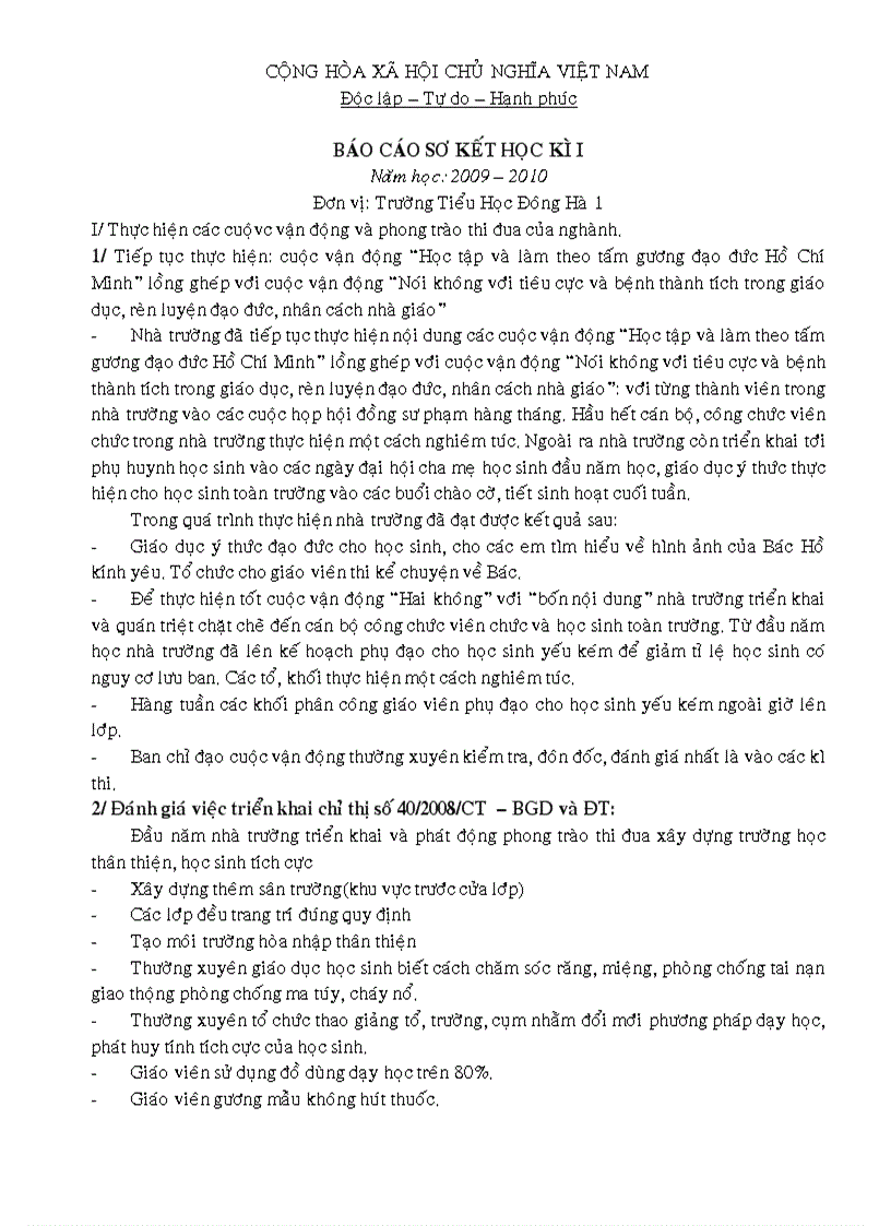 Báo cáo sơ kết học kì 1 năm hoc 2009 2010