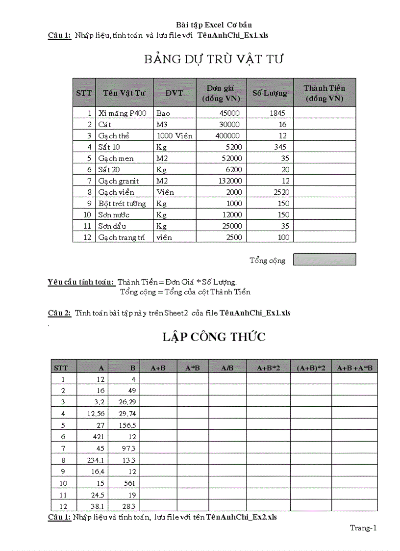 Bài Tập Excel cơ bản Nâng Cao