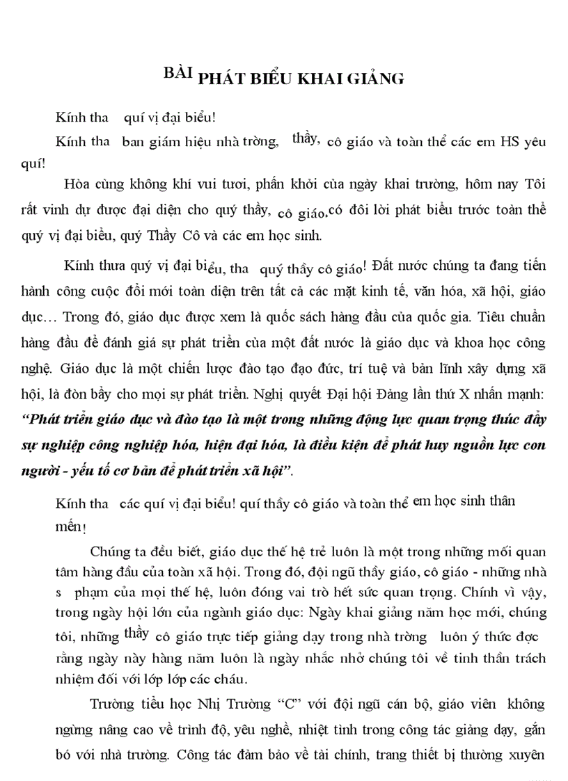 Bài phát biểu của hiệu trưởng nhân ngày khai giảng