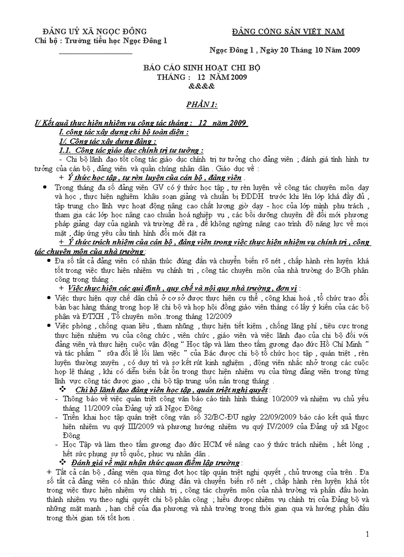 Báo cáo tháng của chi bộ trường về đảng ủy xã