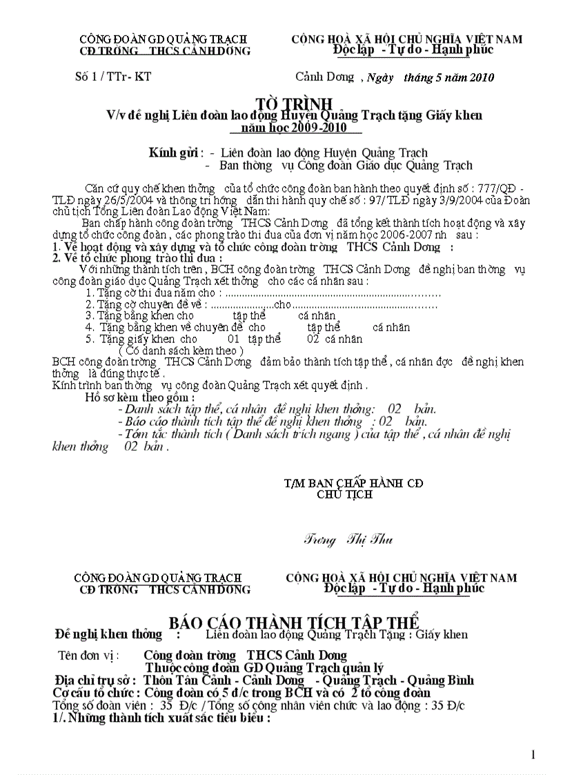 Báo cáo thành tích công đoàn năm học 2009 2010