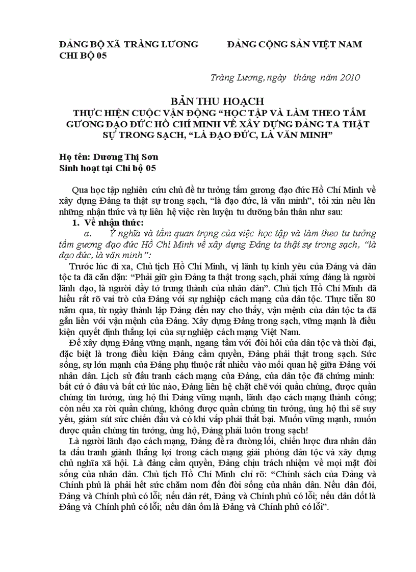 Bài thu hoạch 4 năm thực hiện cuộc vận động học tập và làm theo tấm gương đạo đức Hồ Chí Minh là đạo đức là văn minh