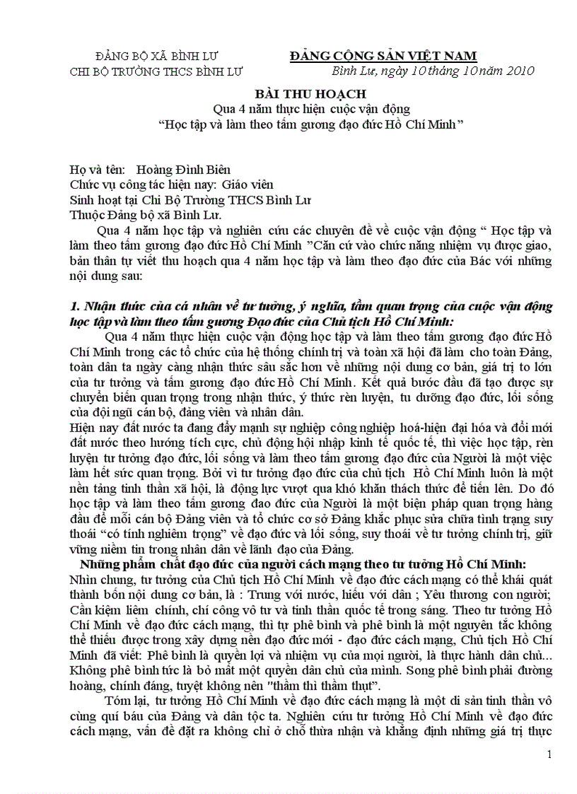 Bài thu hoach qua 4 năm thực hiện cuộc động Học tập và làm theo tấm gương đậo đức Hồ Chí Minh