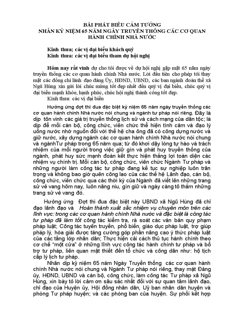 Bài phát biểu cảm tưởng nhân kỷ niệm 65 năm ngày truyền thống các cơ quan hành chính nhà nước