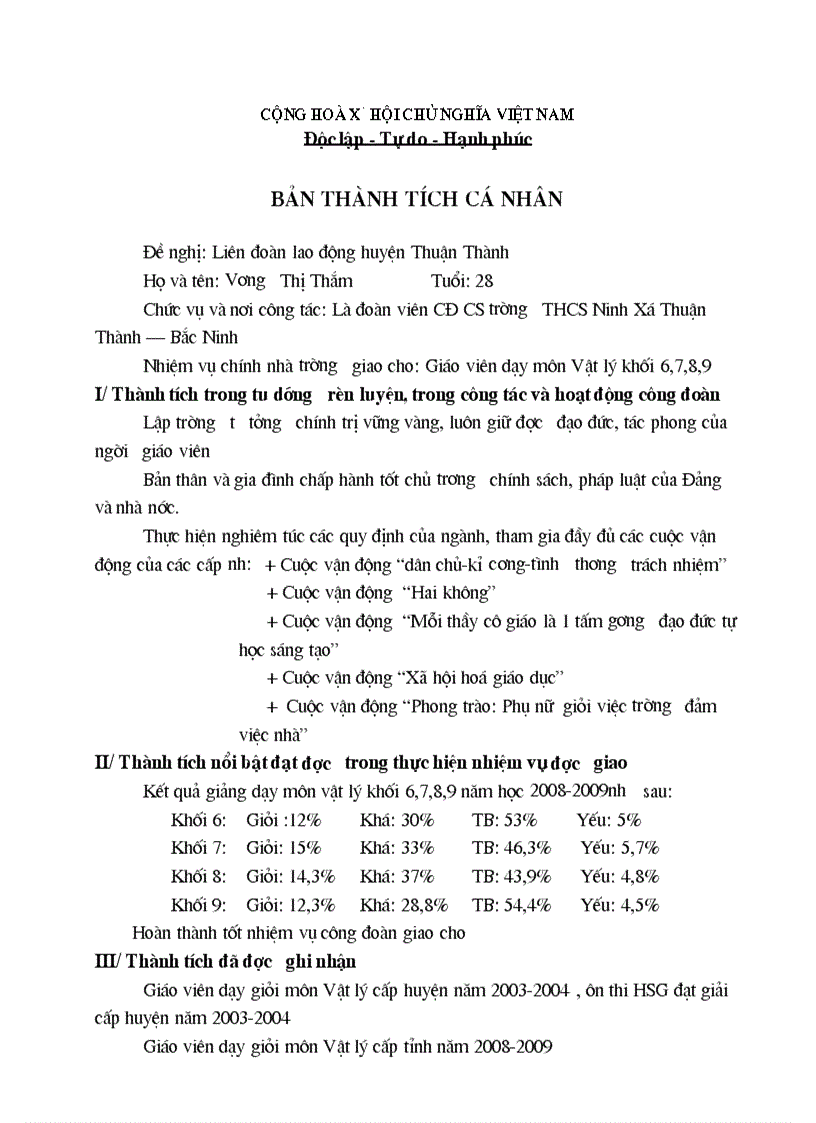 Bản thành tích cá nhân gv thắm ninh xá