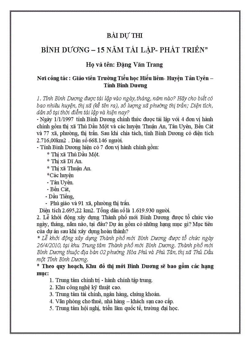 Bai dự thi bình dương 15 năm hình thành và phát triển