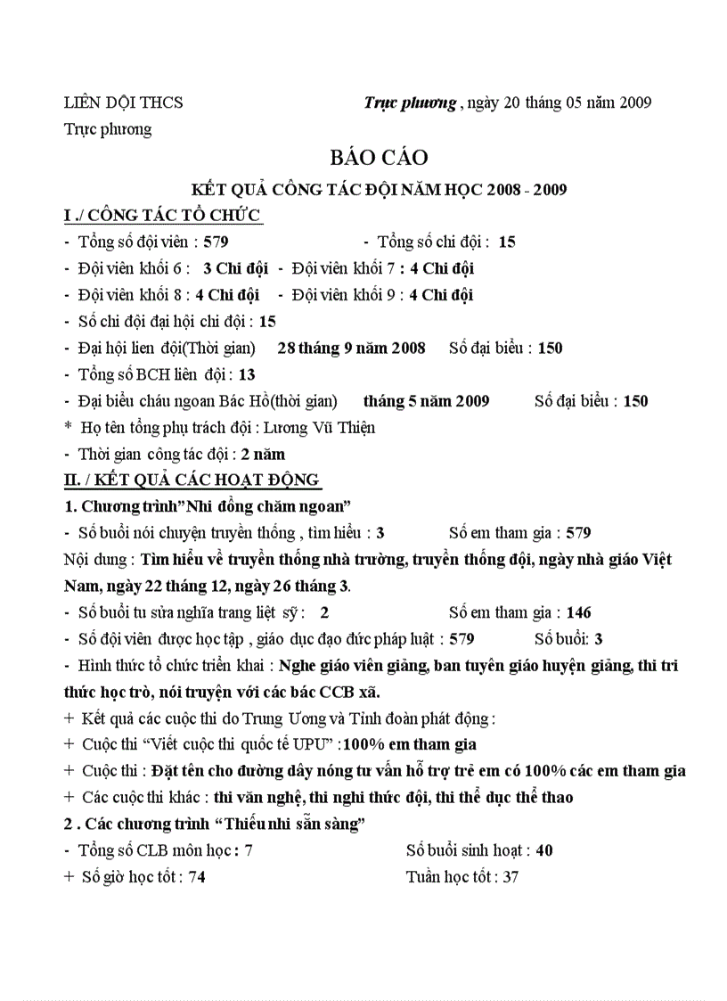 Báo cáo kết quả công tác đội năm học 2008 2009