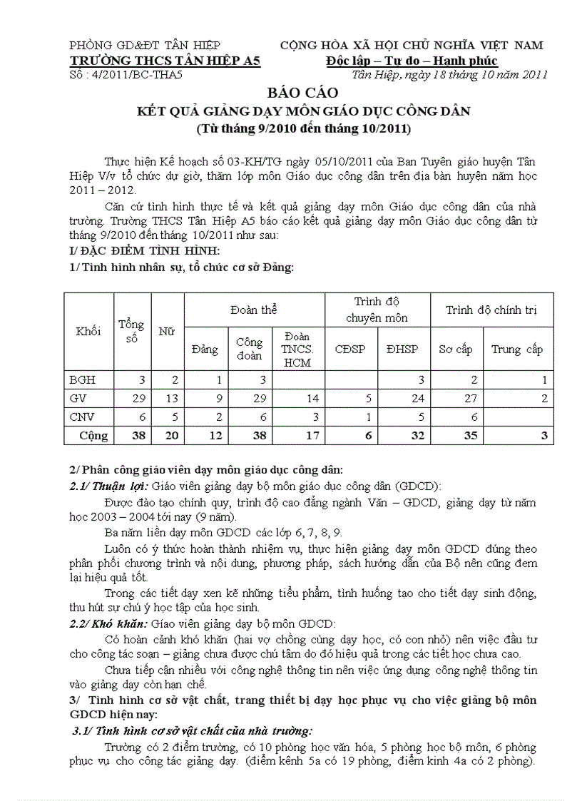 Báo cáo kết quả giảng dạy môn GDCD