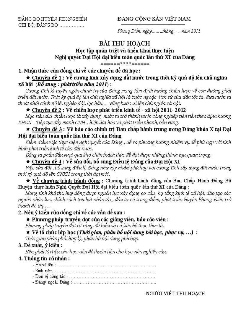 Ban THU HOACH Nghị Quyet TW XI hè 2011