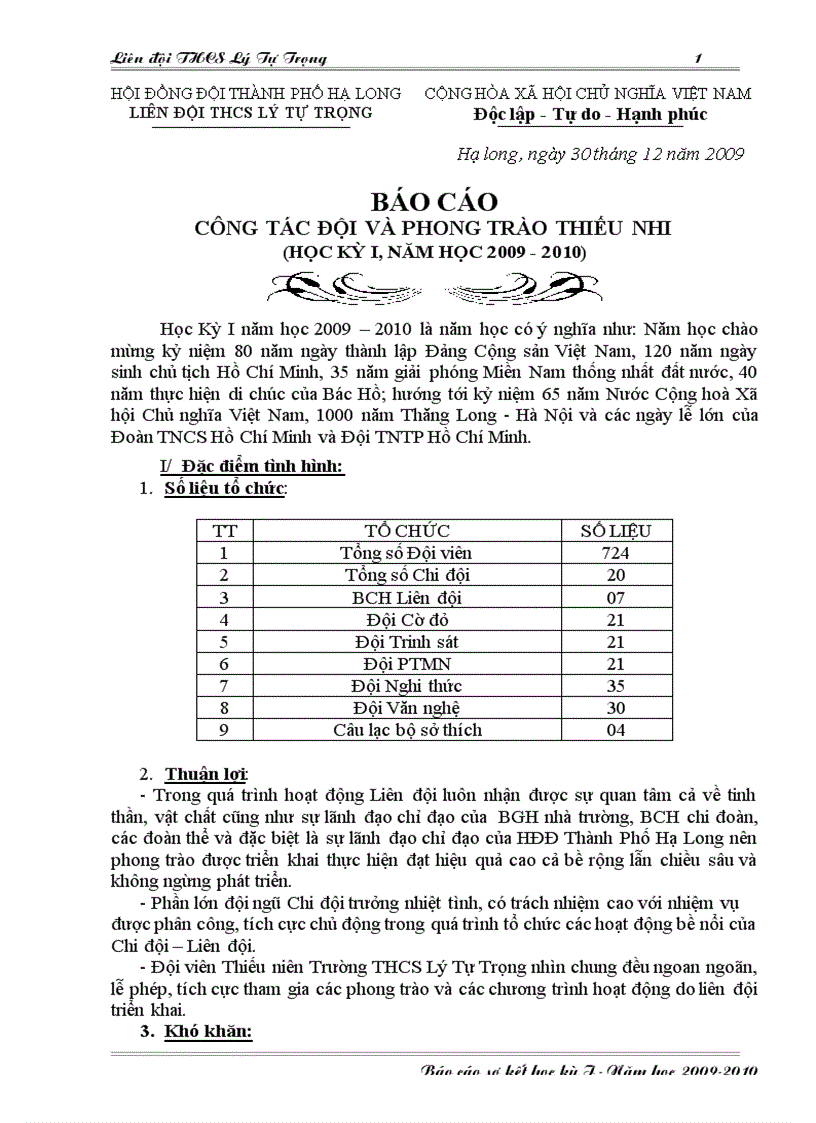 Báo cáo sơ kết học kỳ I năm học 2009 1010