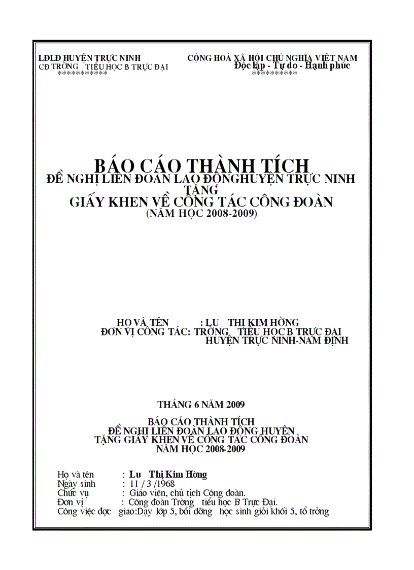 Báo cáo thành tích cá nhân đề nghị LDLĐ tặng giấy khen