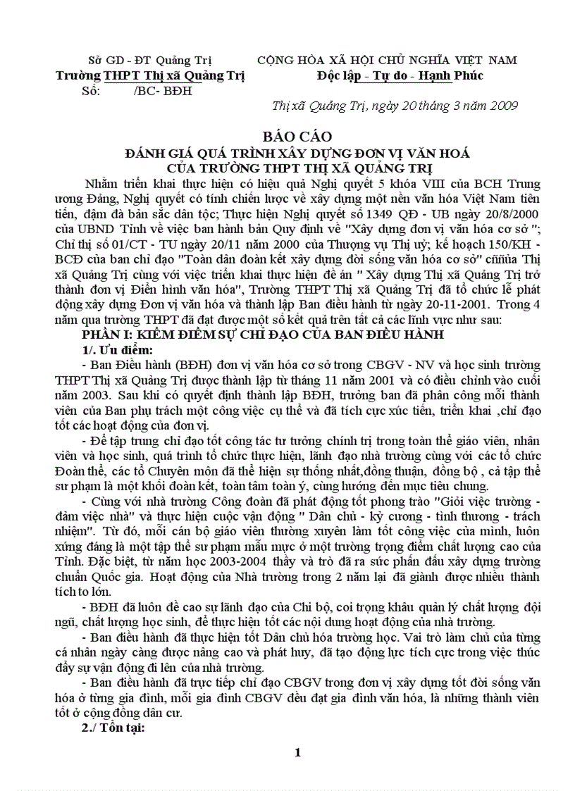 Báo cáo đánh giá quá trình xây dựng đơn vị văn hoá của trường thpt thị xã quảng trị