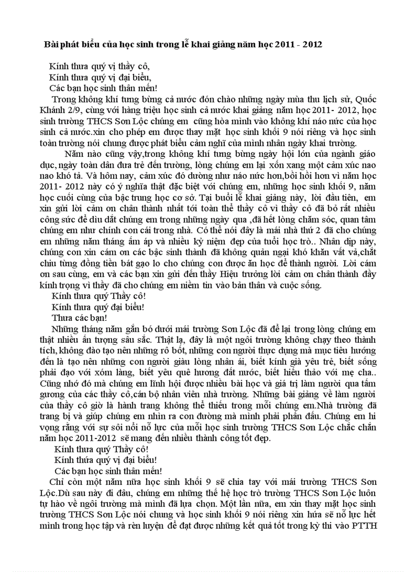 Bài phát biểu của học sinh nhân ngày khai giảng