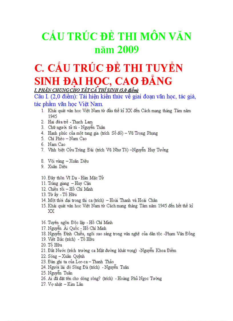 3 CẤU TRÚC ĐỀ THI MÔN VĂN năm 2009 TUYỂN SINH ĐẠI HỌC CAO ĐẲNG doc