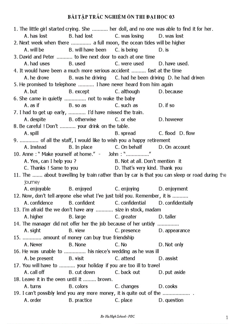150 câu trắc nghiệm ôn CĐ ĐH hay