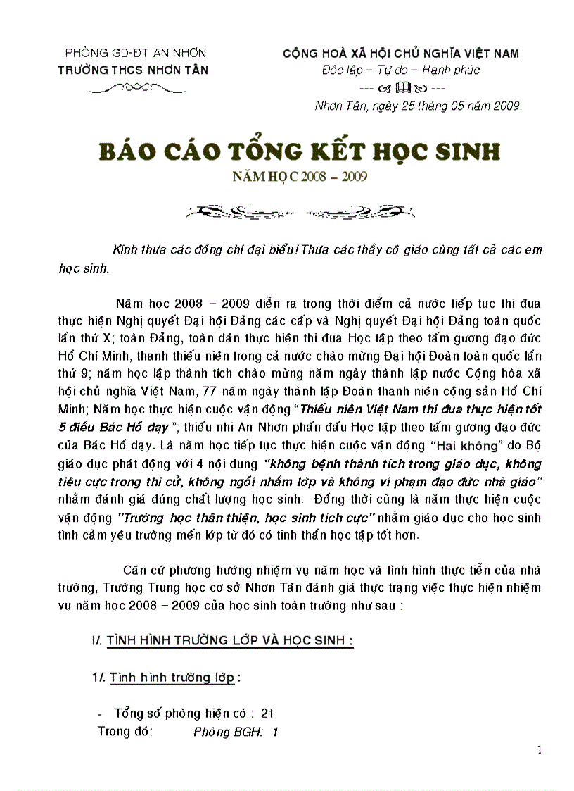 Báo cáo sơ kết HS cuối năm