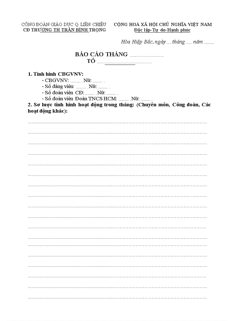 Báo cáo tháng của tổ Chuyên môn Công đoàn