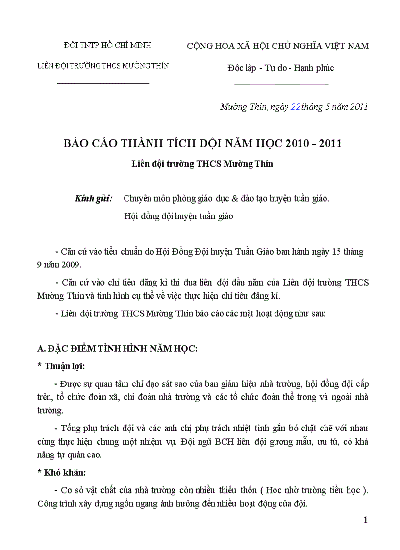 Báo cáo thành tích công tác đội năm học 2010 2011