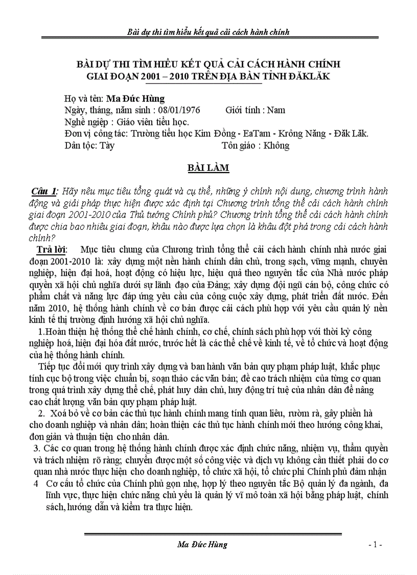 Bài dự thi tìm hiểu kết quả cải cách hành chính giao đoạn 2001 2010trên địa bàn tỉnh đăk lăk