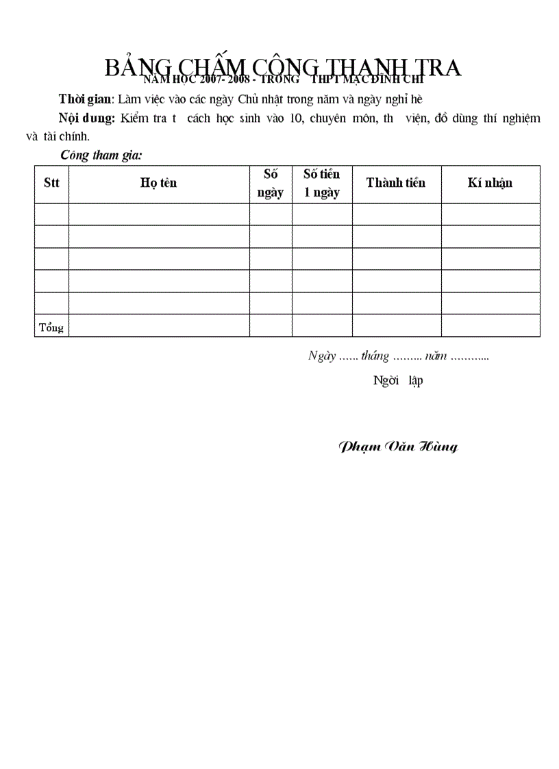 Bảng chấm công thanh tra cơ sở