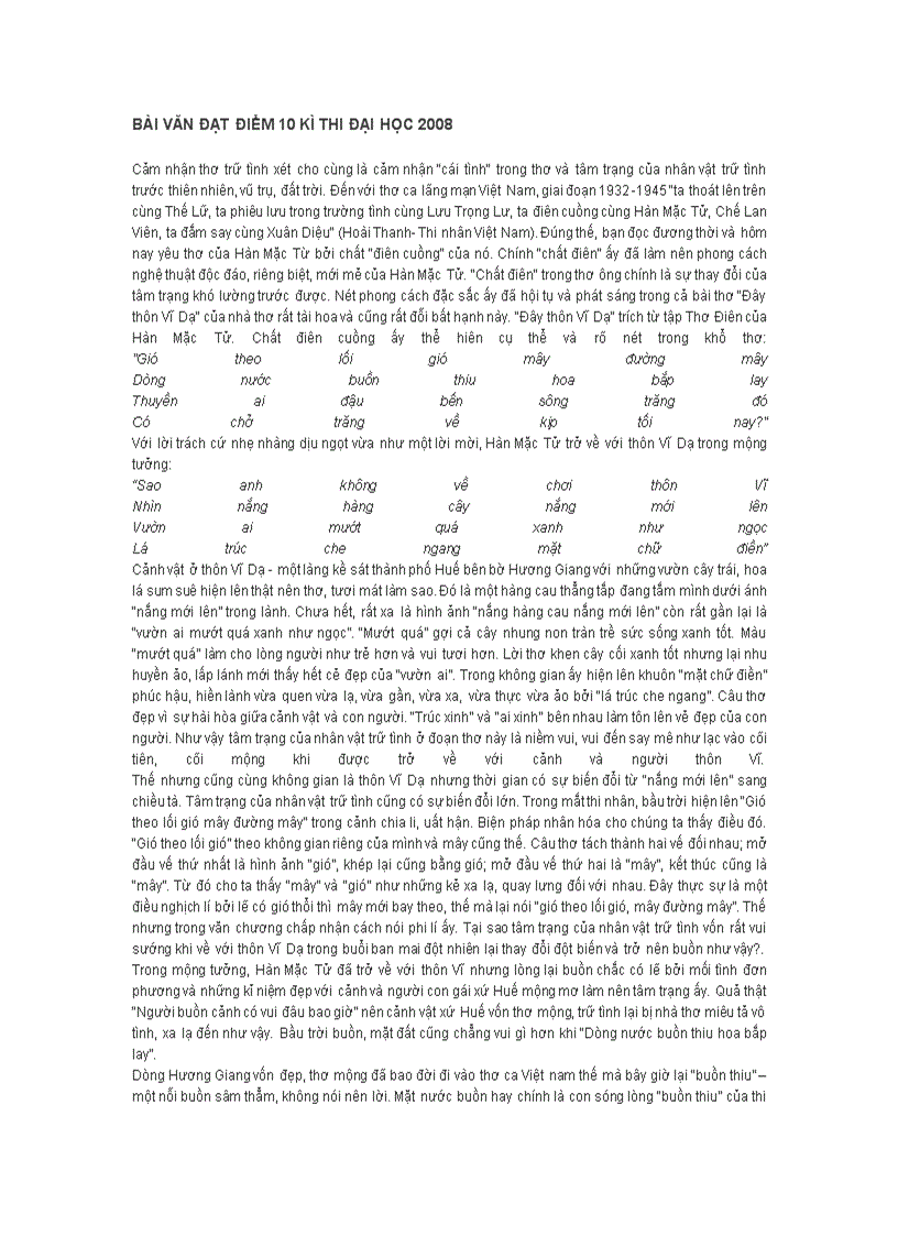 Bài văn đạt điểm 10 kì thi đại học 2008