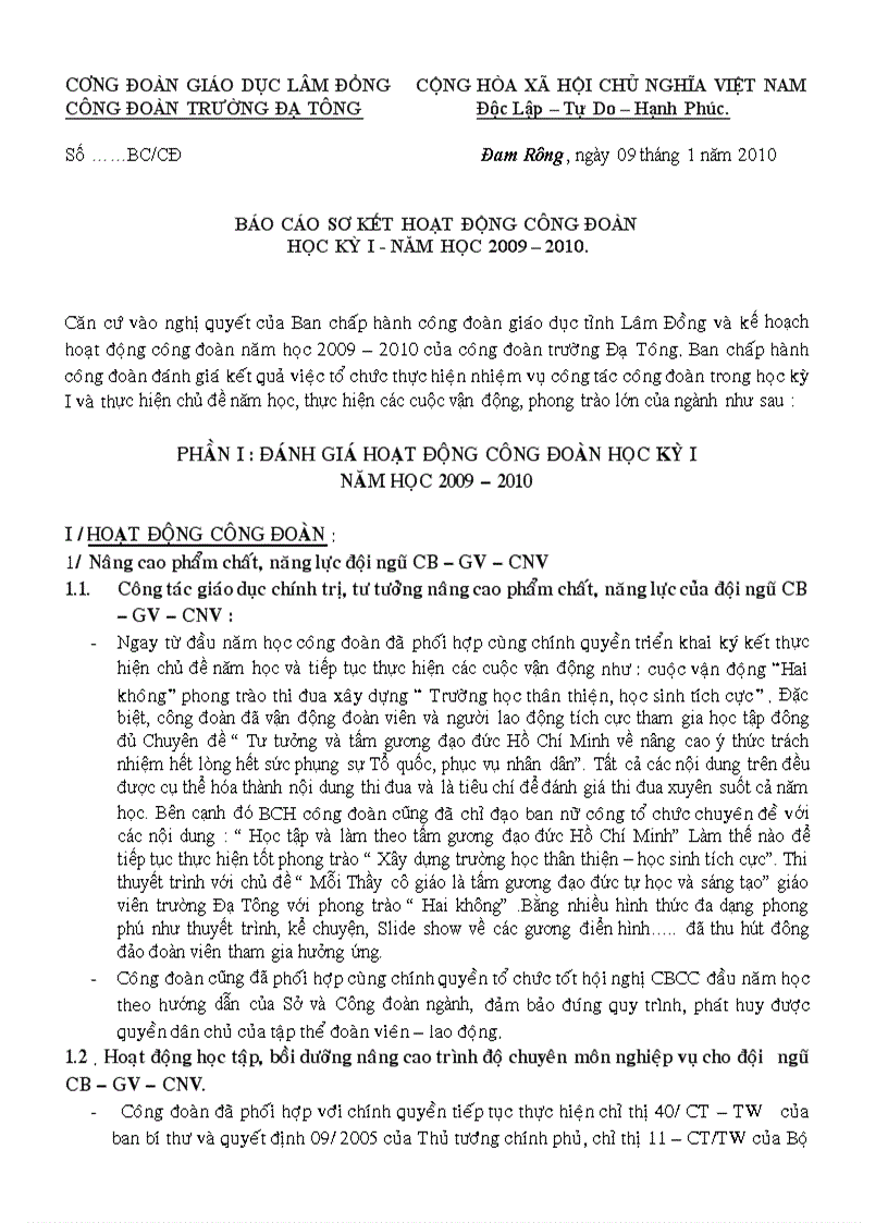 Báo cáo sơ kết học kỳ I công tác Công đoàn 2009 2010