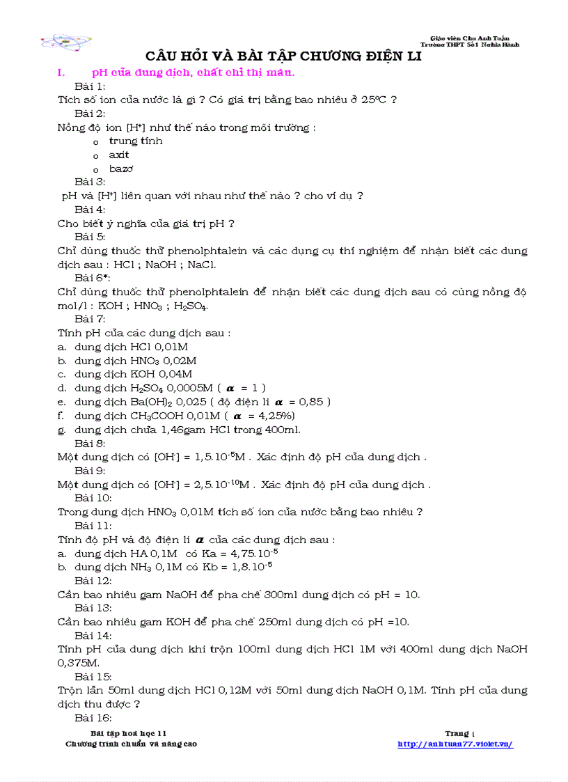 BÀI TẬP ĐỘ pH VÀ PHẢN ỨNG TRAO ĐỔI TRONG DUNG DỊCH CHẤT ĐIỆN LI MỚI