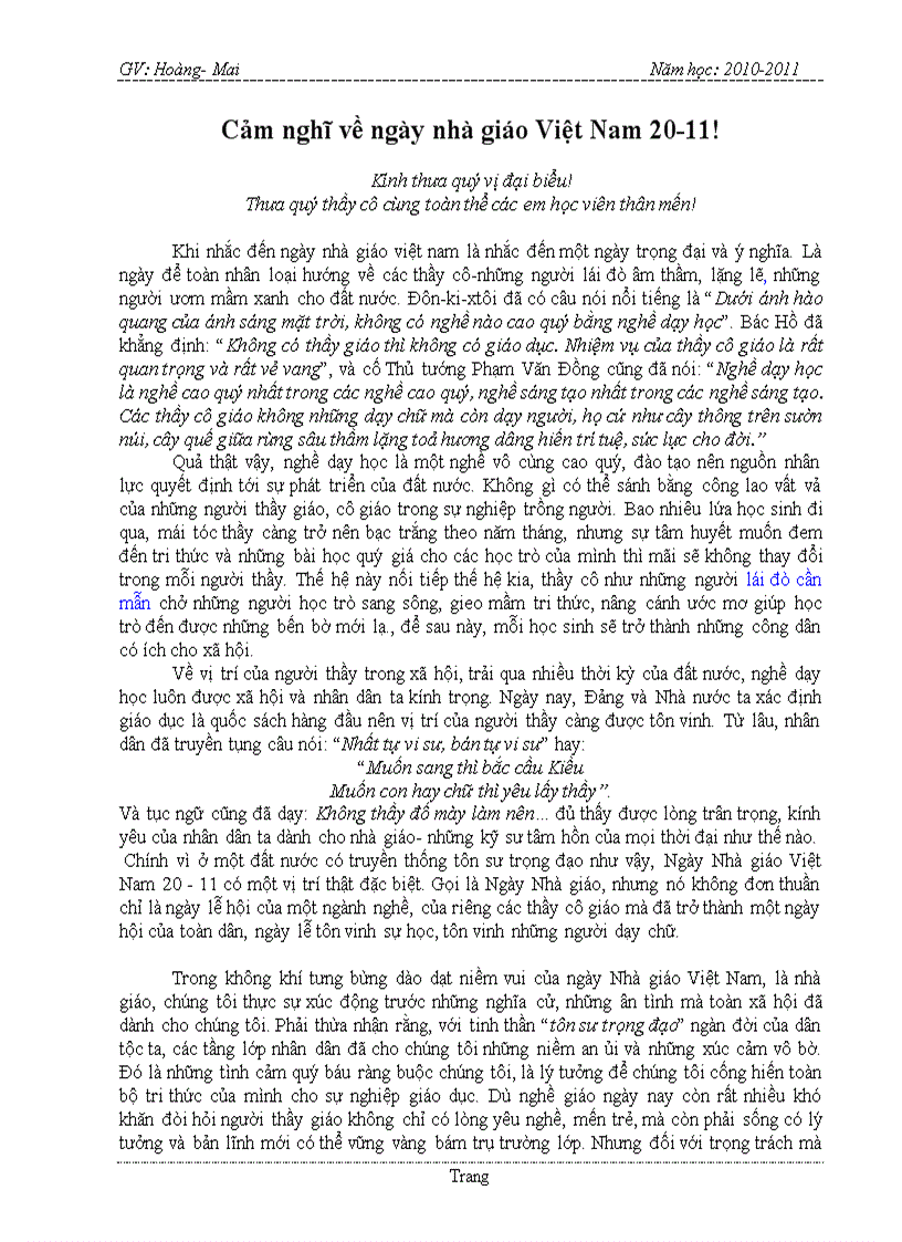 Bài cảm tưởng về ngày nhà giáo Việt Nam 20 11