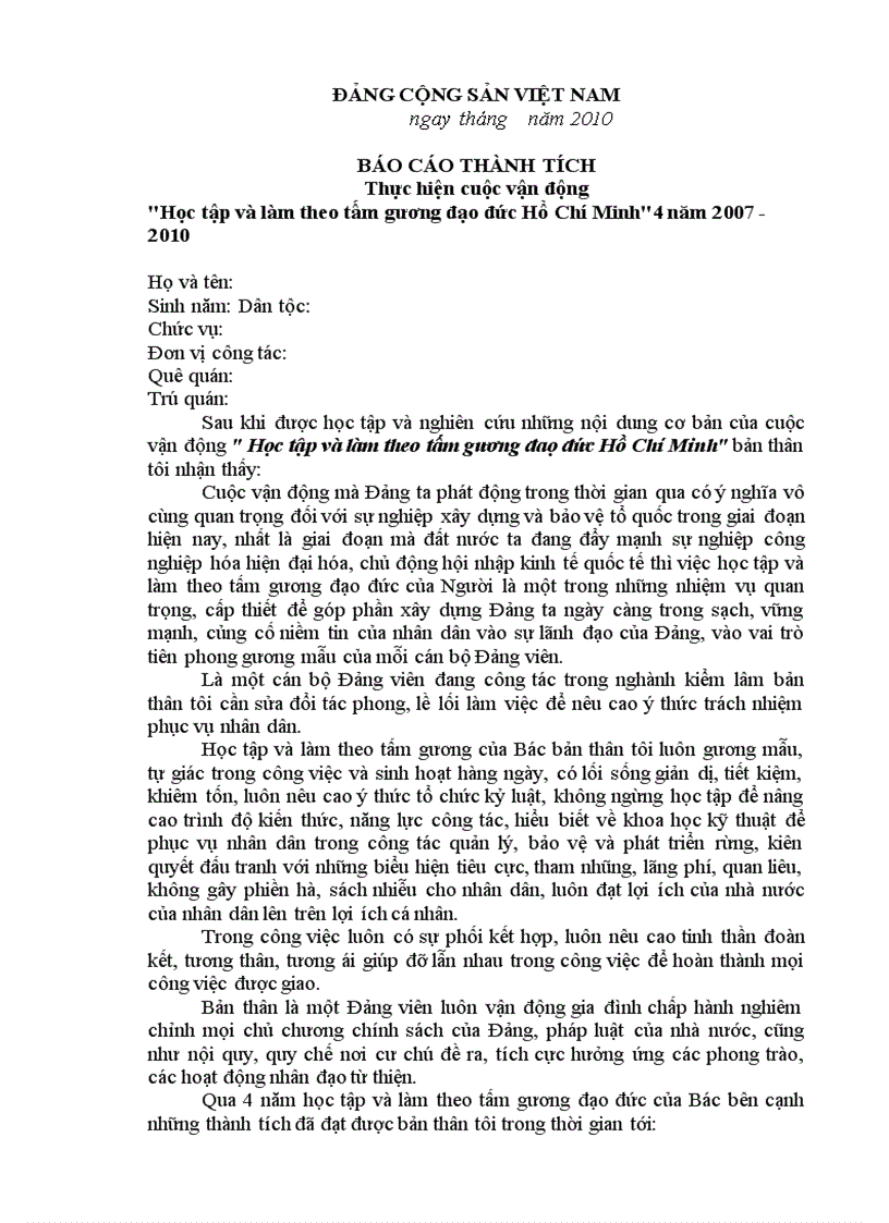 Báo cao thanh tích thực hiện cuộc vận động học tập và làm theo tấm gương đao đuc Hồ Chí Minh