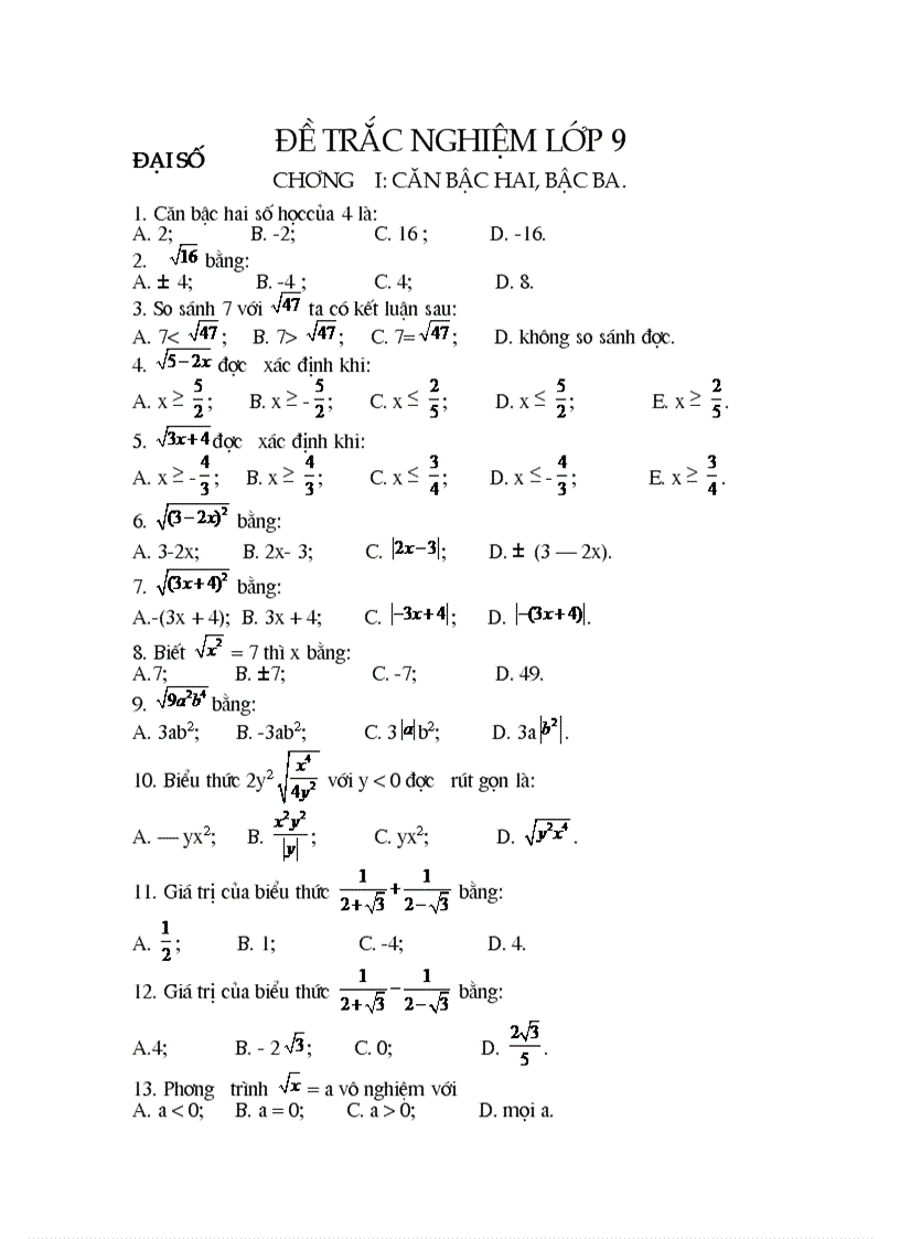 Bài tập trắc nghiệm đại số 9