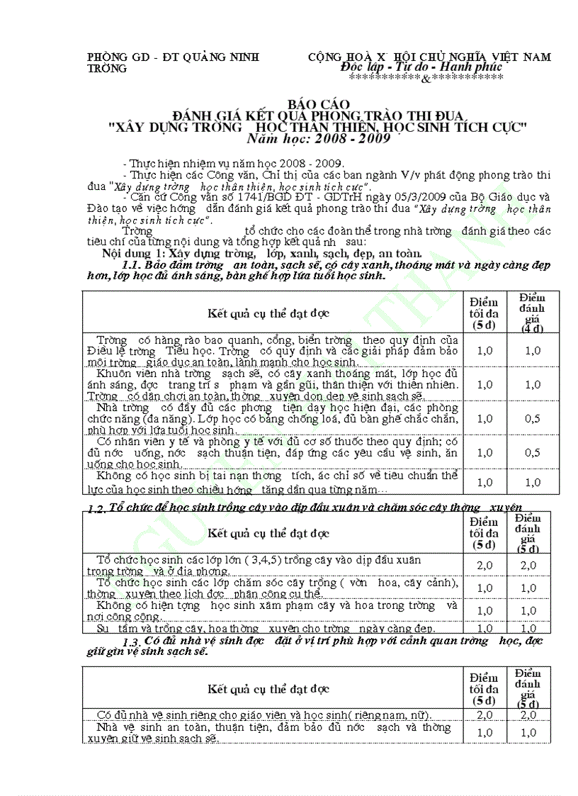Bao cao danh gia ket qua truong hoc than tt hs tich cuc 08 09
