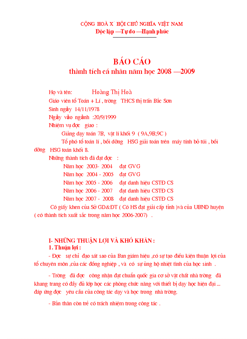 Báo cáo thành tích cá nhân năm học 08 09