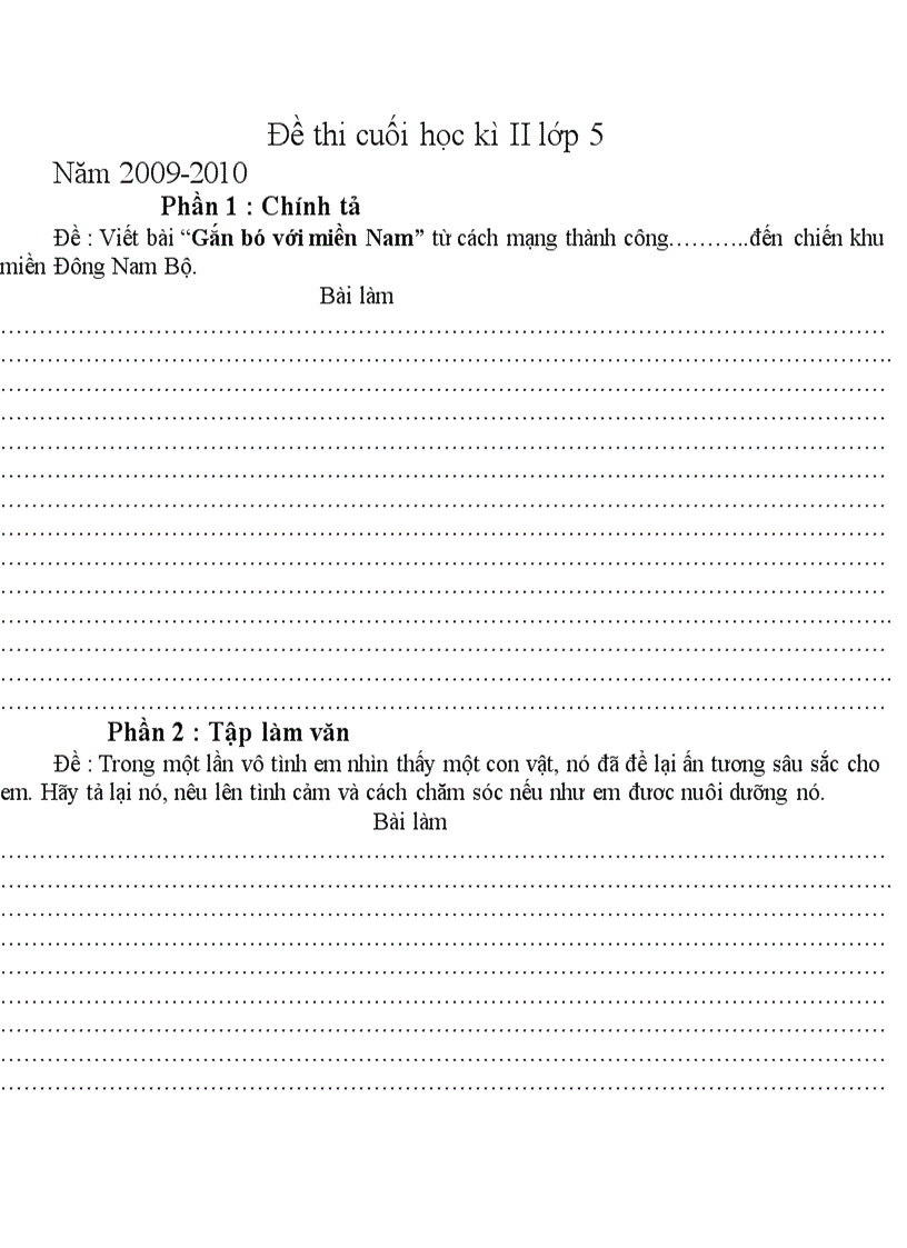 Bài thi cuối học kì II lớp 5 năm 2009 2010