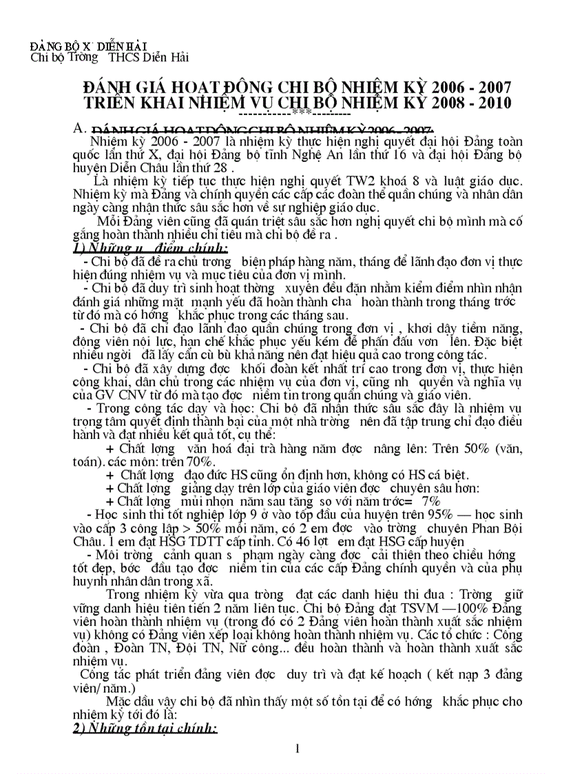 Báo cáo hoạt động chi bộ 2007 2010