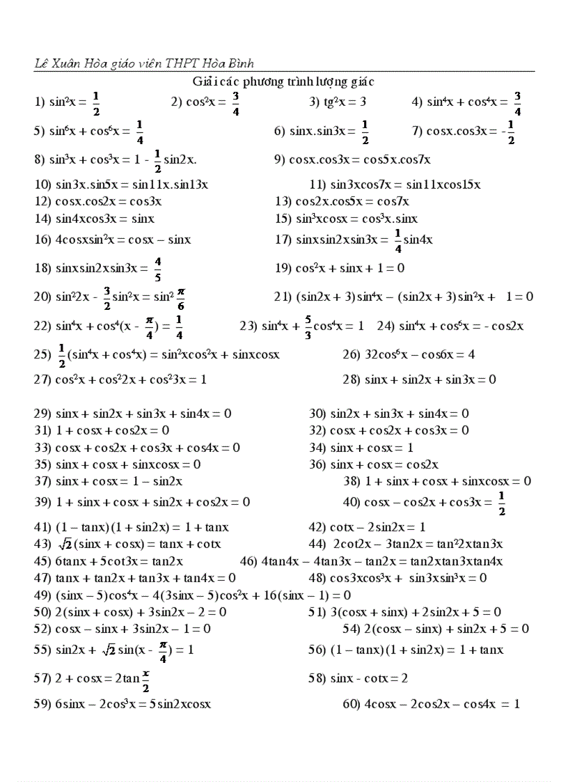 Bài tập phương trình lượng giác
