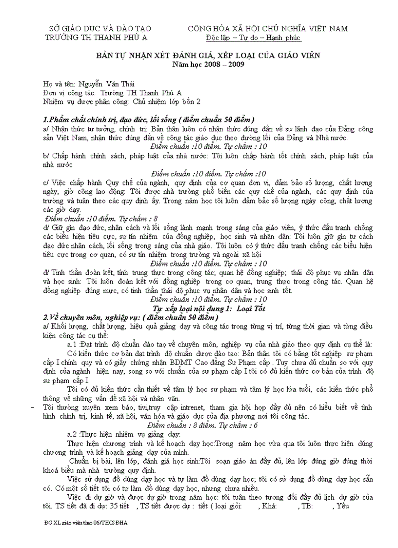 Bản đánh giá XL cán bộ GV cuối năm