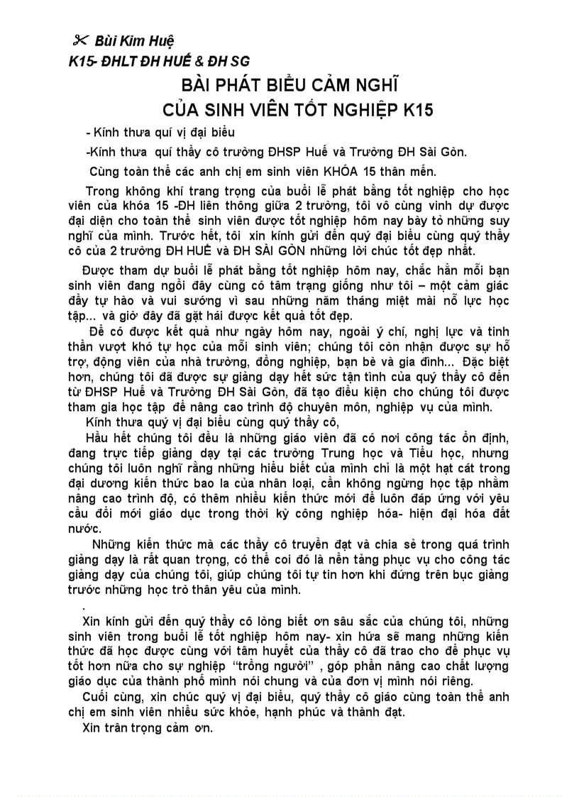Bài phát biểu của đại diện sinh viên TN ĐHLT